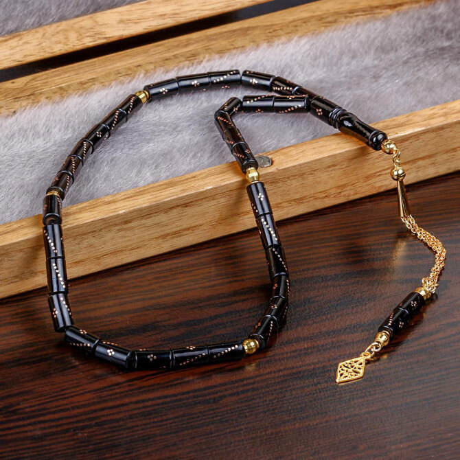 14 Ayar Altın İşlemeli Karakehribar Oltu Taşı Tesbih - Tesbihcibaba