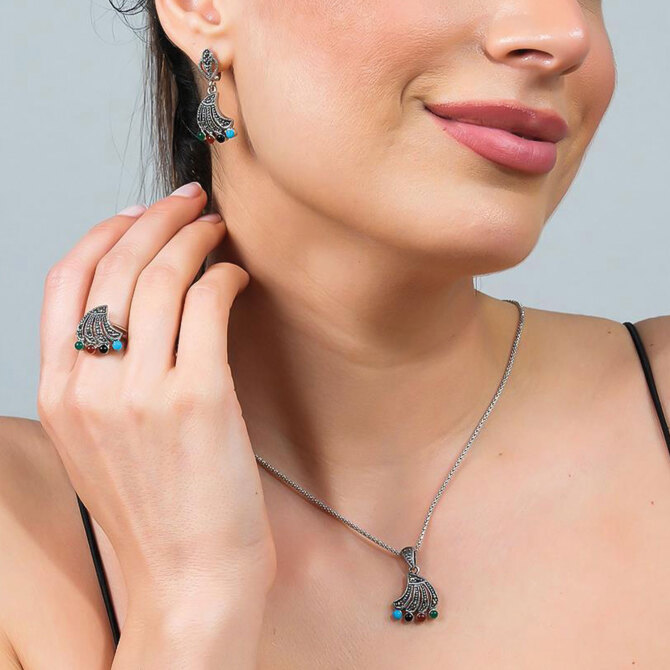  İstiridye Kabuğu Kolye Küpe Yüzük Seti - Azure Jewel