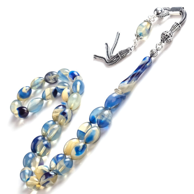 Acem Mavisi Mozaik Sıkma Kehribar Tesbih - Tesbihcibaba