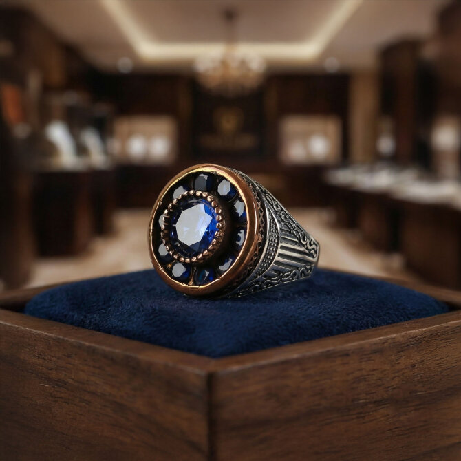 Ali Azam Mavi Gümüş Yüzük - Tesbihcibaba