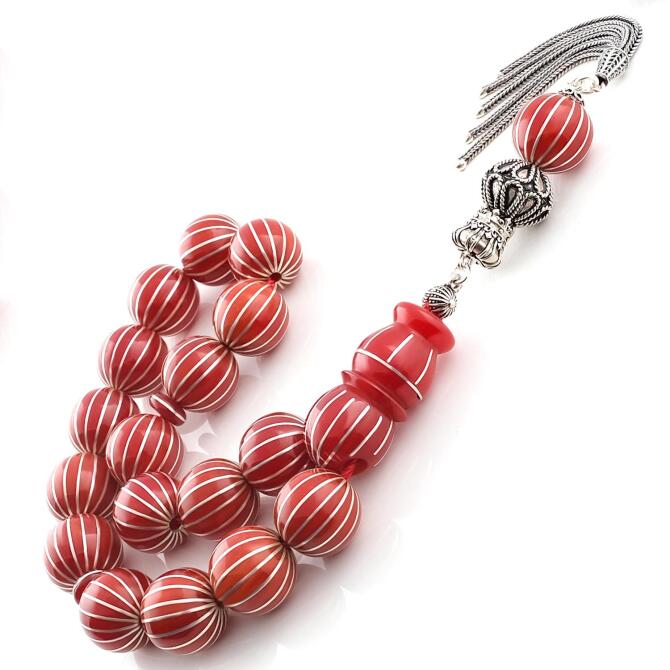 Alkan Usta 16'lı Gümüş Yarma Ateş Kehribarı Tesbih - Tesbihcibaba