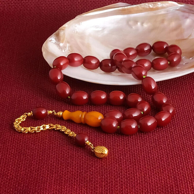 Altın Tasarım Çini Kırmızısı Osmanlı Kehribar Tesbih - Tesbihcibaba