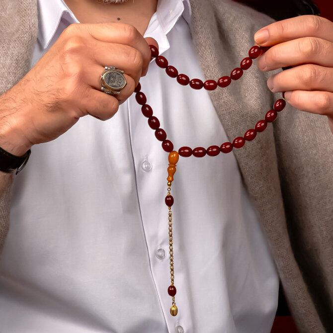 Altın Tasarım Çini Kırmızısı Osmanlı Kehribar Tesbih - Tesbihcibaba