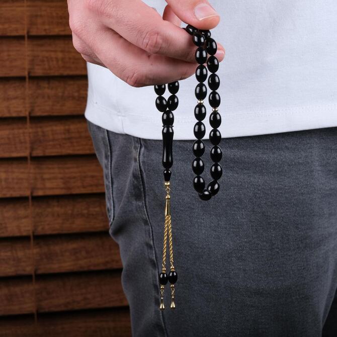 Altın Tasarım Kumpaslı Usta İşi Erzurum Oltu Taşı Tesbih - Tesbihcibaba