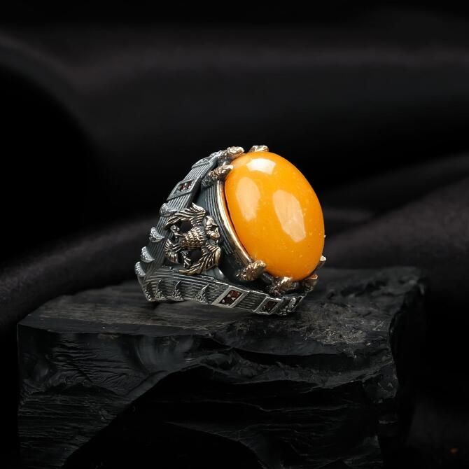 Anadolu Kartalı Antik Damla Kehribar Yüzük - Tesbihcibaba