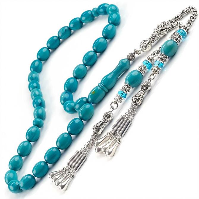 Aqua Blue Sıkma Kehribar Tesbih - Tesbihcibaba