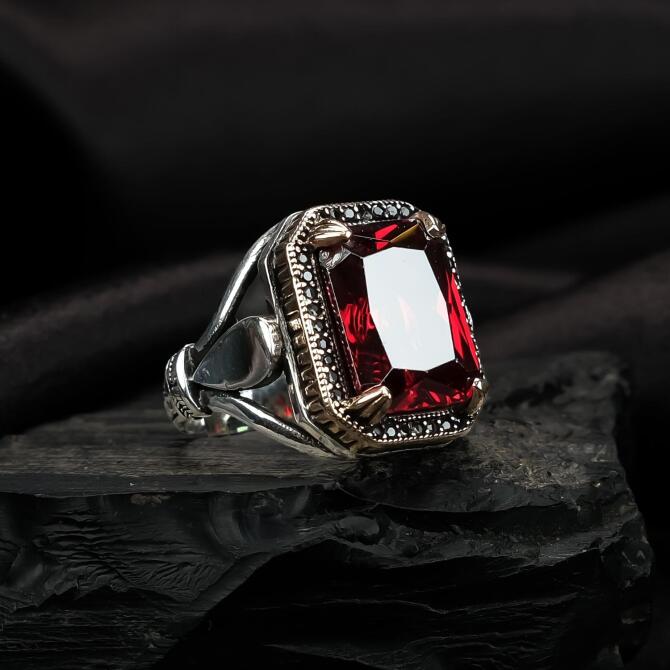 Ateş Kızılı Zirkon Taşlı Gümüş Yüzük - Tesbihcibaba