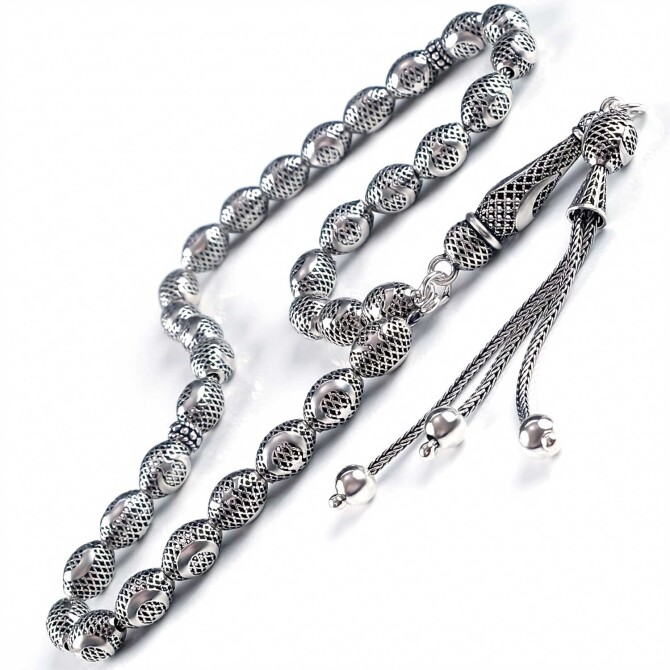 Ay Yıldız İşleme Telkari 925 Ayar Gümüş Tesbih - Tesbihcibaba