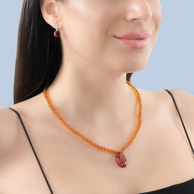 Doğal Bal Damla Kehribar Kolye Ve Küpe Seti - Tesbihcibaba