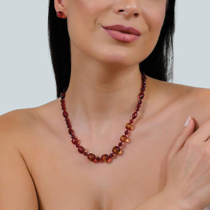 Elmas Kesim Yakut Rengi Kehribar Kolye ve Küpe Seti - Tesbihcibaba