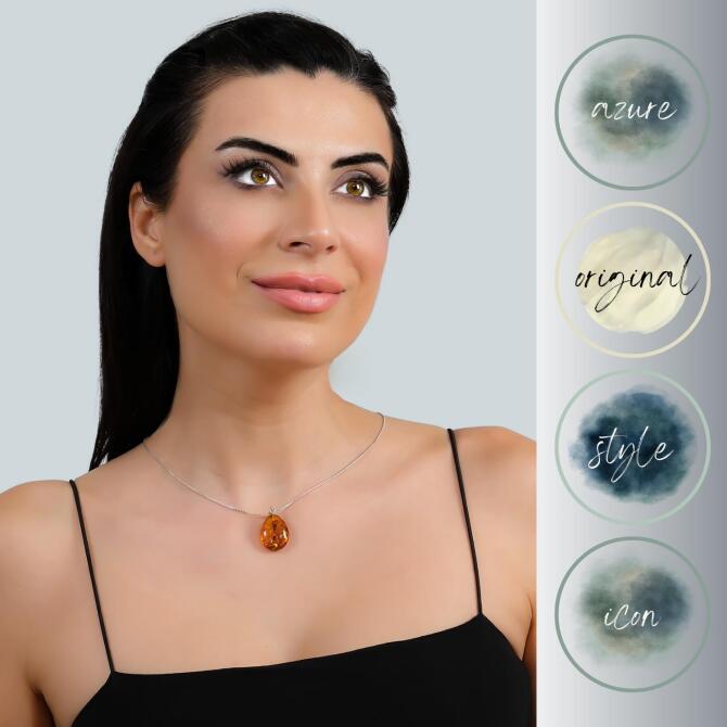 Hayalet Gümüş Zincirli Damla Taneli Kehribar Kolye - Tesbihcibaba