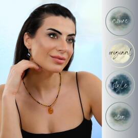 Azure Jewel Siyah İnci Bal Damla Kehribar Kolye Ve Küpe Seti - 2