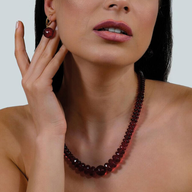 Yakut Damla Kehribar Kolye ve Küpe Seti - Tesbihcibaba