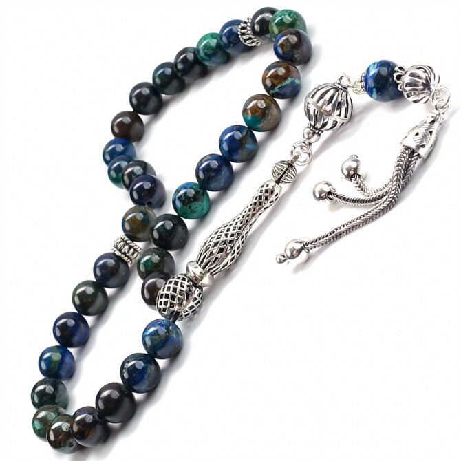 Azurit Gümüş Tasarım Doğaltaş Tesbih - Tesbihcibaba