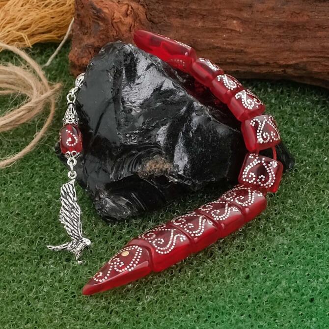 Baba Atölyeden İşlemeli Ateş Kehribarı Balık Tesbih - Tesbihcibaba