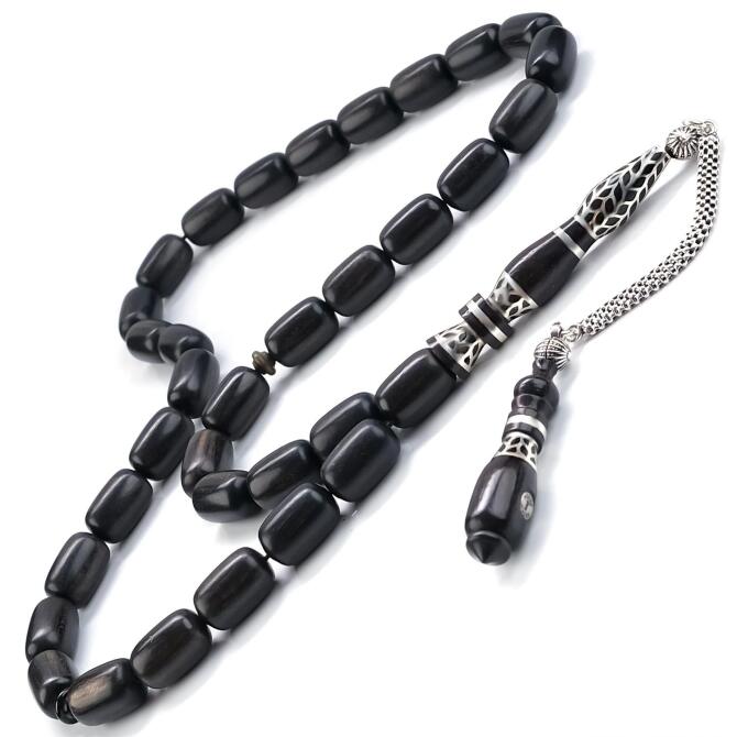 Baba Atölyeden Nakkaş Gümüş Tasarım Abanoz Ağacı Tesbih - Tesbihcibaba