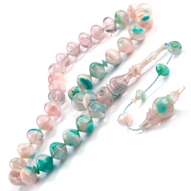 Baba Atölyeden Su Yeşili Usta İşi Sıkma Kehribar Tesbih - Tesbihcibaba