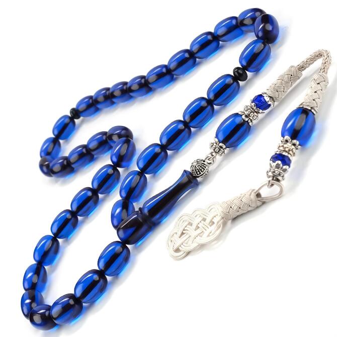 Bafon Kazaz Mavi Renk Sıkma Kehribar Tesbih - Tesbihcibaba