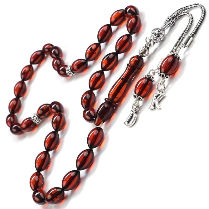 Baltık İncisi Kestane Harfli Püskül Damla Kehribar Tesbih - Tesbihcibaba