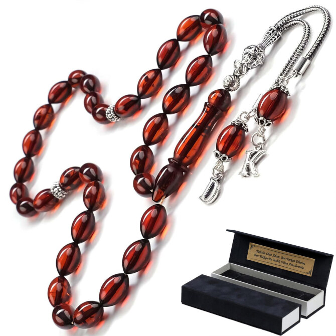 Baltık İncisi Kestane Harfli Püskül Damla Kehribar Tesbih - Tesbihcibaba