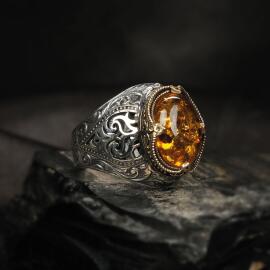 Baltık İncisi Bal Köpüğü Damla Kehribar Gümüş Yüzük - 2