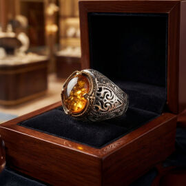 Baltık İncisi Bal Köpüğü Damla Kehribar Gümüş Yüzük - 1