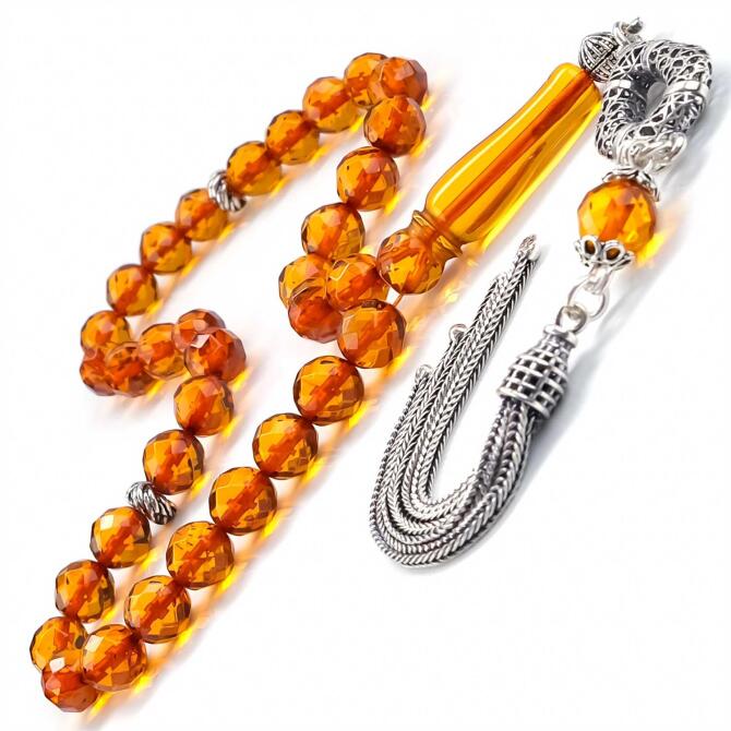 Baltık İncisi Bal Rengi Kristal Kesim Damla Kehribar Tesbih - Tesbihcibaba