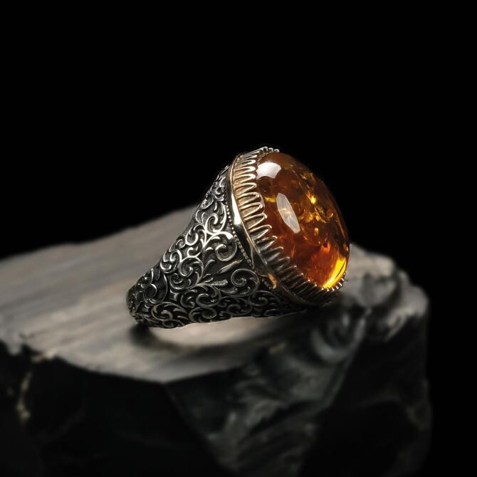 Baltık İncisi Kalem İşleme Damla Kehribar Gümüş Yüzük - Tesbihcibaba