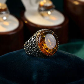 Baltık İncisi Kalem İşleme Damla Kehribar Gümüş Yüzük - 1