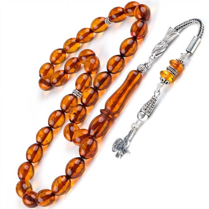 Baltık İncisi Kestane Renk Beyzi Damla Kehribar Tesbih - Tesbihcibaba