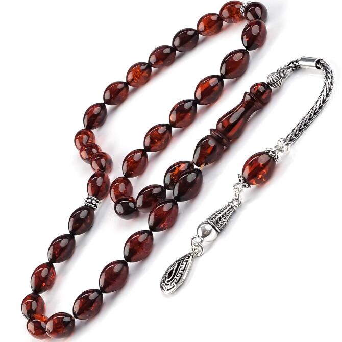 Baltık İncisi Kestane Renk Beyzi Damla Kehribar Tesbih - Tesbihcibaba