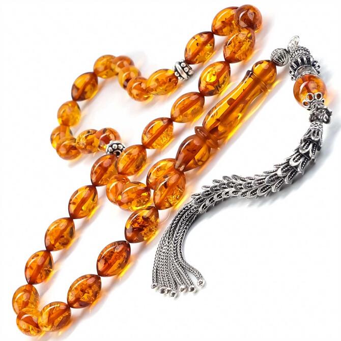 Baltık İncisi Kral Zincir Fosilli Damla Kehribar Tesbih - Tesbihcibaba