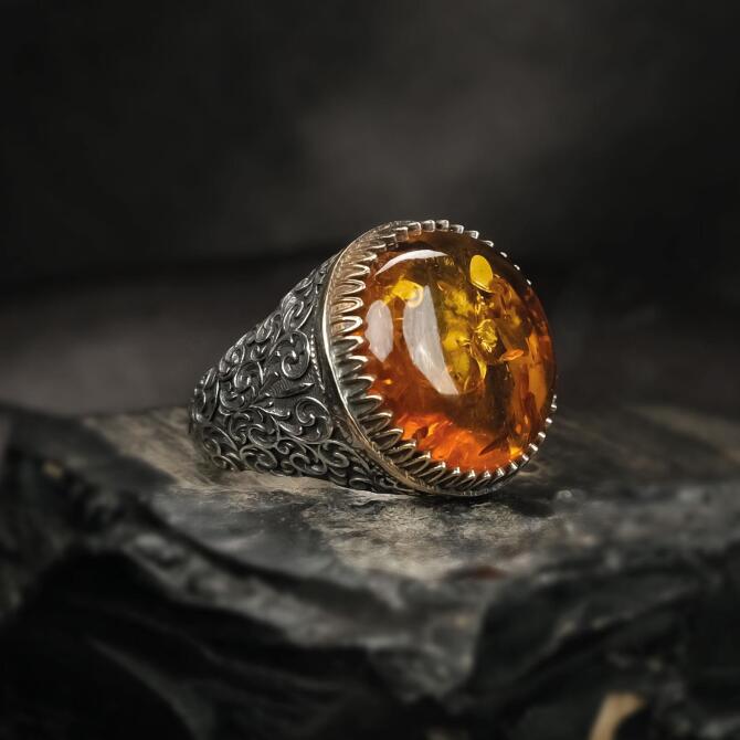 Baltık İncisi Lal Kasa Damla Kehribar Gümüş Yüzük - Tesbihcibaba