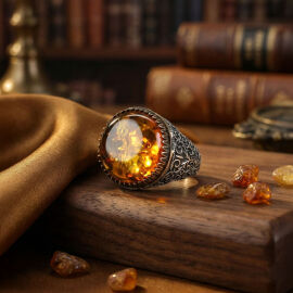 Baltık İncisi Lal Kasa Damla Kehribar Gümüş Yüzük - 1