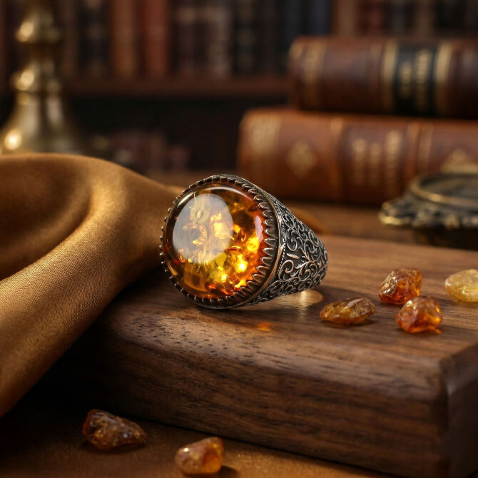 Baltık İncisi Lal Kasa Damla Kehribar Gümüş Yüzük - Tesbihcibaba