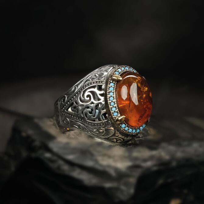 Baltık İncisi Mavi Zirkon Damla Kehribar Gümüş Yüzük - Tesbihcibaba