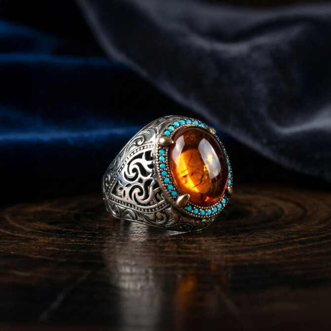 Baltık İncisi Mavi Zirkon Damla Kehribar Gümüş Yüzük - Tesbihcibaba