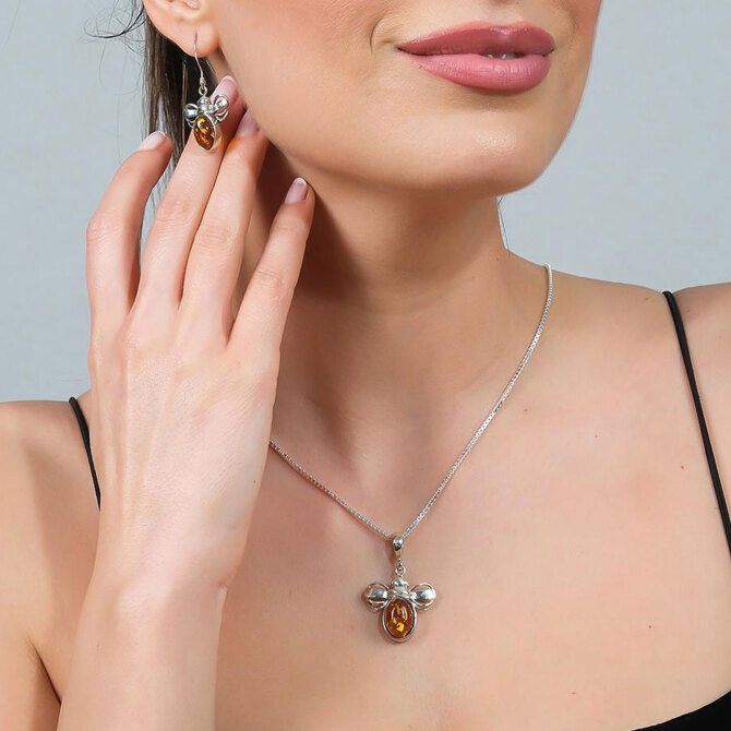 Baltık İncisi Zarif Tasarım Kolye Küpe Kehribar Seti - Azure Jewel