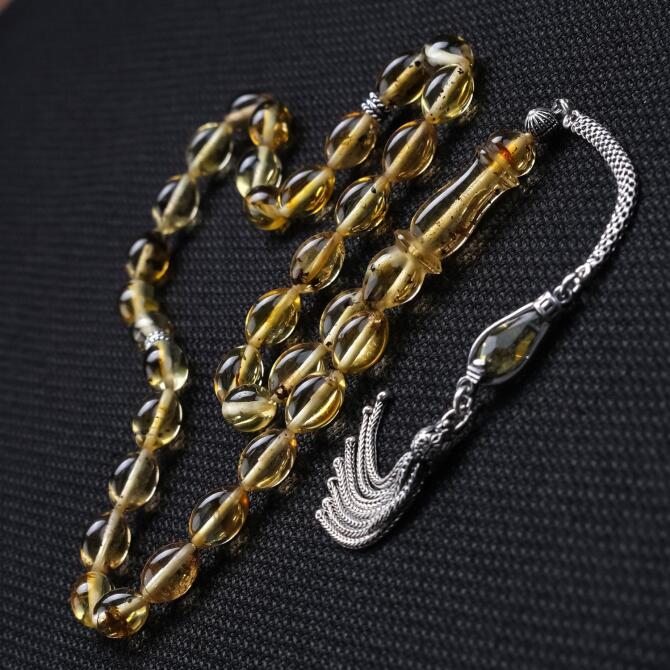 Beyzi Kesim Fosilli Tek Zincir Damla Kehribar Tesbih - Tesbihcibaba