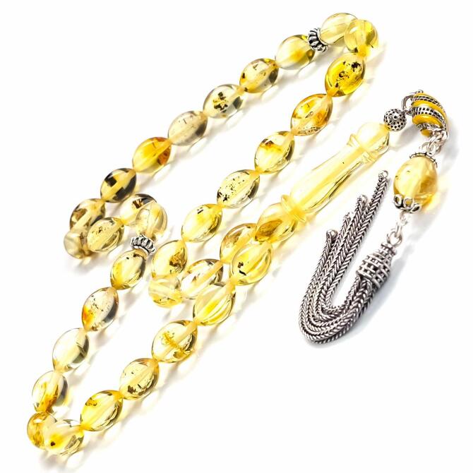 Beyzi Kesim Su Damlası Fosilli Has Kehribar Tesbih - Tesbihcibaba