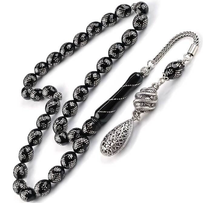 Beyzi Tane Yapısıyla İşlemeli Erzurum Oltu Taşı Tesbih - Tesbihcibaba