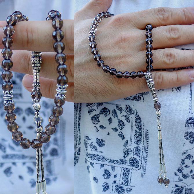 Bilek Boy Gümüş Tasarım Dumanlı Kuvars Tesbih - Tesbihcibaba