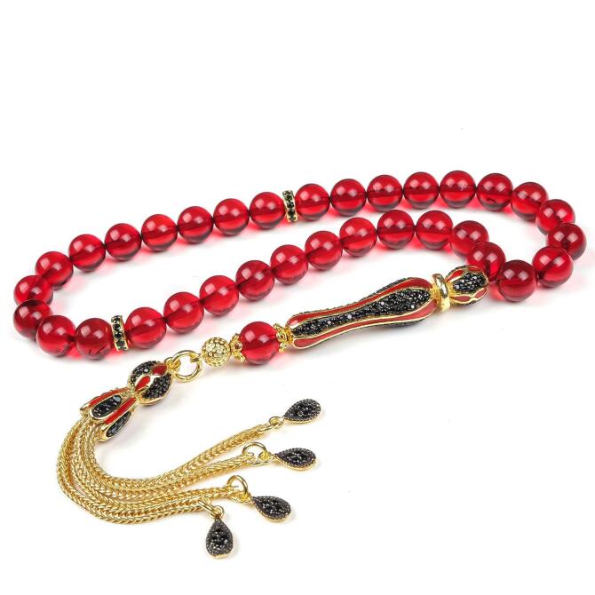 Özel Zirkon Tasarımıyla Yakut Damla Kehribar Tesbih - Tesbihcibaba