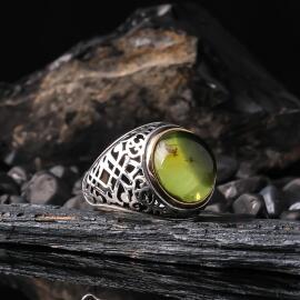 Fosilli Paşa Model Karayip Damla Kehribar Gümüş Yüzük - 1