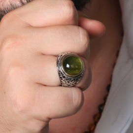 Fosilli Paşa Model Karayip Damla Kehribar Gümüş Yüzük - 3