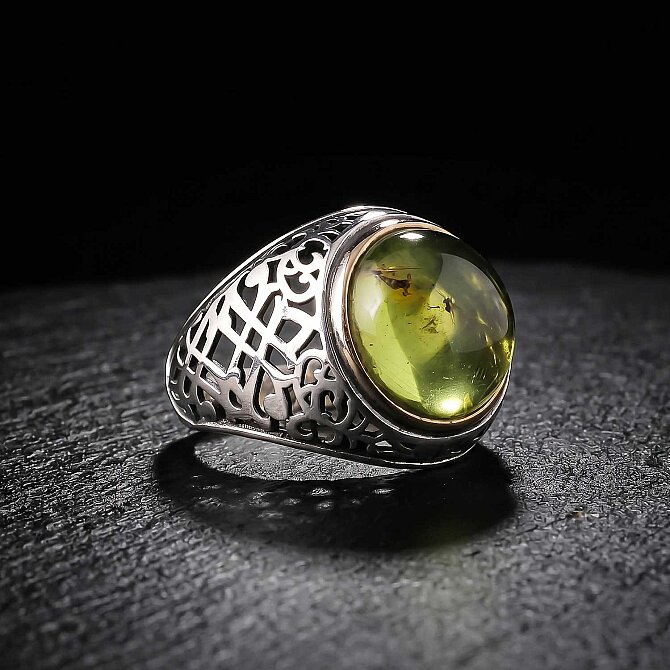 Modern Cut Geleneksel Motif Amber 925 K Silver Ring