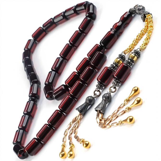 Bordo Efsun Çift Püsküllü Kapsül Kesim Sıkma Kehribar Tesbih - Tesbihcibaba