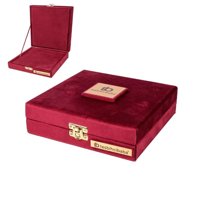 Bordo Kadife Kumaş Üst Düzey Kare Tesbih Kutusu - Tesbihcibaba