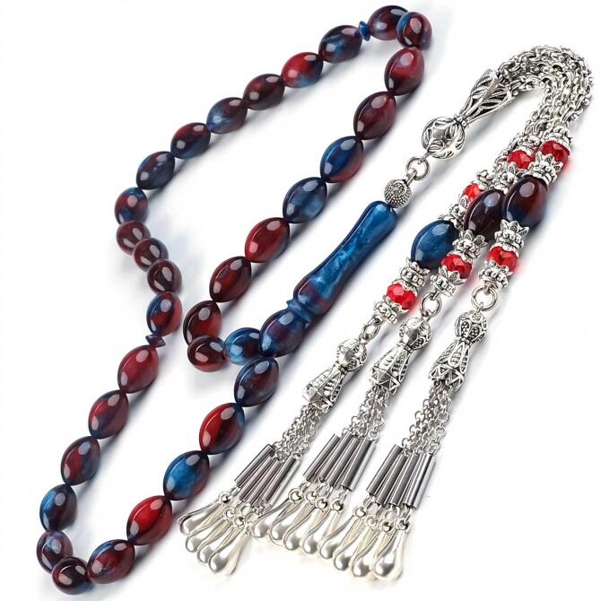 Bordo Lacivert Mix Sıkma Kehribar Tesbih - Tesbihcibaba