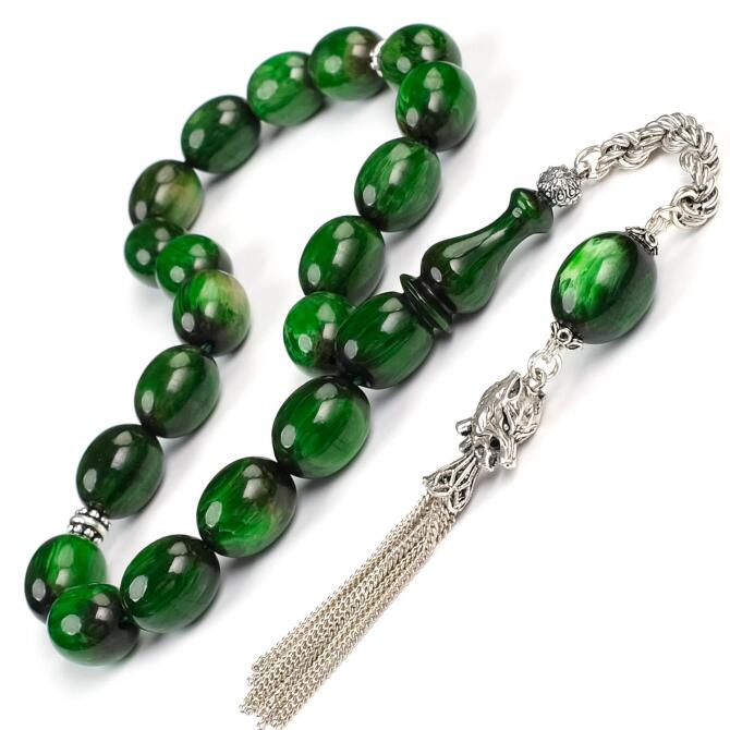 Buhara Collection Damarlı Yeşil Maskot Sıkma Kehribar Tesbih - Tesbihcibaba